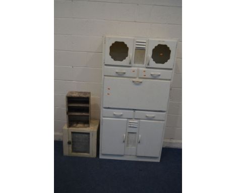 A PAINTED VINTAGE KITCHEN CABINET, width 92cm x depth 43cm x height 176cm, a painted meat safe and an open cabinet (all distr