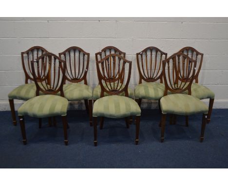 A SET OF EIGHT MAHOGANY HEPPLEWHITE CANDLESTICK BACK DINING CHAIRS (Sd to finish)