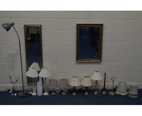 A QUANTITY OF VARIOUS LAMPS, to include three pairs of table lamps, four other table lamps, four spare lamp shades, adjustabl