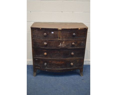 A DISTRESSED GEORGIAN BOWFRONT CHEST OF TWO OVER THREE LONG DRAWERS, mixed turned handles, on bracket feet, width 106cm x dep