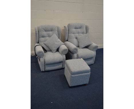 A PRIMACARE PATTERED GREY UPHOLSTERED ELECTRIC RISE AND RECLINE ARMCHAIR (PAT pass and working) a matching armchair and a pou