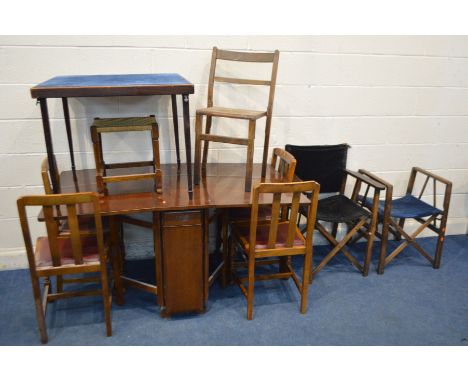 AN OAK GATE LEG TABLE, four chairs, a folding bridge games table, two vintage folding directors chairs, a single beech chair 