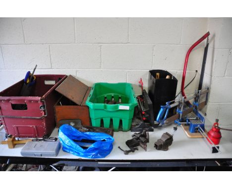 TWO TRAYS AND A WOODEN BOX CONTAINING HANDTOOLS including Stanley Chisels, two vices, a mitre saw, two tile cutters, a markin