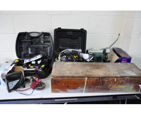 A COLLECTION OF POWER TOOLS AND ACCESSORIES including a Direct power Cordless 20V drill with charger and two batteries, a Fer