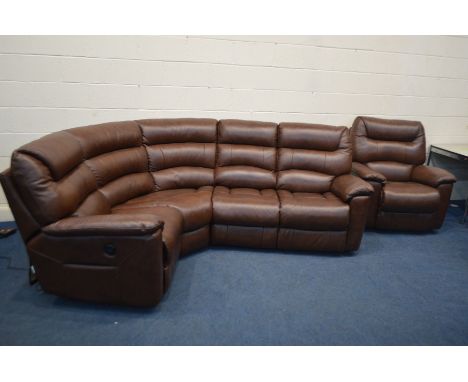 A LA-Z- BOY BROWN LEATHER CORNER SOFA, with electric recliners to each ends, length 250cm x depth 190cm and a matching manual