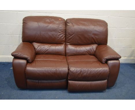 A BURGUNDY LEATHER TWO SEATER ELECTRIC RECLINING SOFA, width 166cm and an ottoman pouffe  (PAT pass and working) (2)