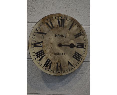 A PAINTED 12INCH CLOCK DIAL with roman numerals and single fusee movement (distressed)
