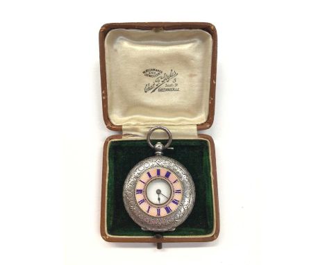 19th century Swiss silver half hunter fob watch with pink enamel decoration and blue Roman numerals on a silver floral engrav