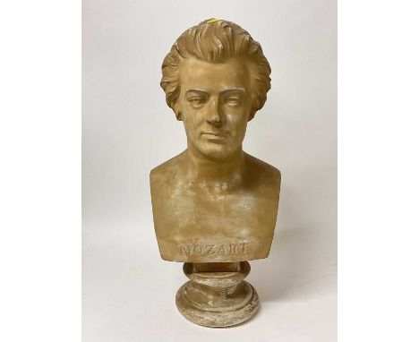 Large ceramic or plaster bust of Mozart, on socle base, signed, 57cm high