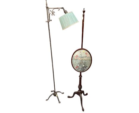 Victorian mahogany pole screen with oval floral panel, together with a metal standard lamp (2)