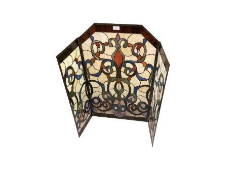Tiffany style trytich screen, 86cm high and an Eastern brass lamp (2)Screen looks to be in very good condition