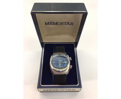 1970s Memostar wristwatch with alarm mechanism and date, blue dial in stainless steel tonneau shape case on leather strap, wi