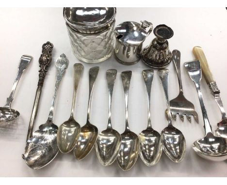 Group of miscellaneous silver flatware to include teaspoons, mustard pot and vanity jar