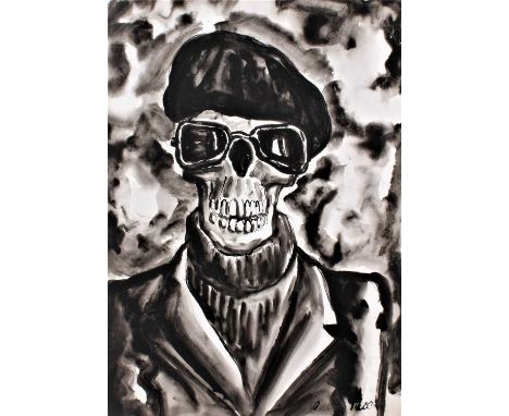 Colin Moss (1914-2005) pen and wash - a skulled figure wearing a beret, roll neck and blazer, signed, 77cm x 56cm