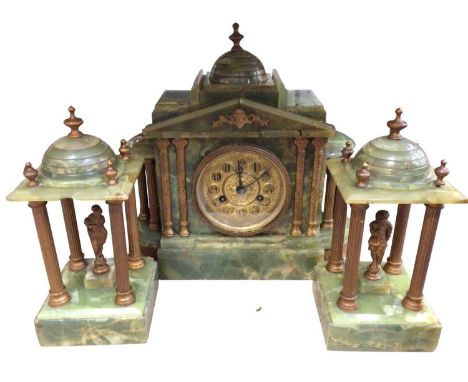 Green onyx mantle clock garniture with gilt metal mounts 