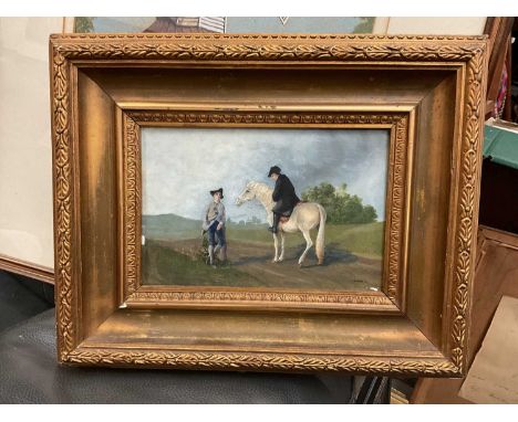 Oil on board- two figures with a horse, mounted in gilt frame, signed R. Nebbs '66