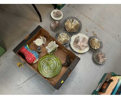 Gozo glass vase, abstract metal wall sculpture and sundries.Wall art is not stamped or dated and is very light