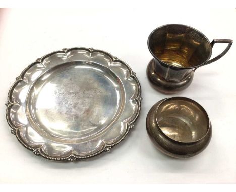 Edwardian silver dish with engraved inscription, Edwardian silver bowl with engraved monogram and a 1930s silver mug (3)