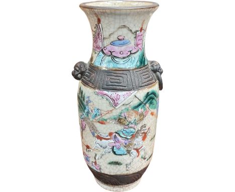 19th century Chinese crackle glaze famille rose vase, 20cm highOne ring handle chipped. Possisbly a light hairline on the rim