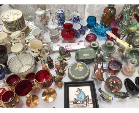 Group of West German figures and Goebel birds, other ornaments, Jasperware, art glass, tea ware, peacock table lamp etc