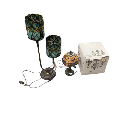 Two modern table lamps with Tiffany style shade and boxed Kentucky triple ceiling light (3)