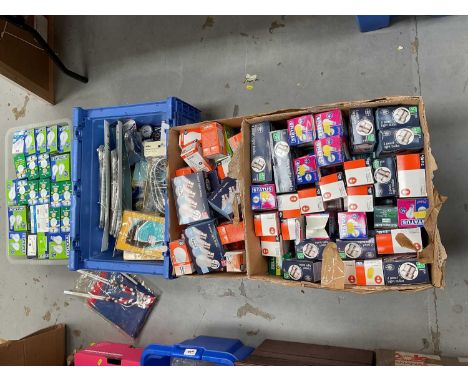 Large collection of new old stock light bulbs, shower hoses and other fittings (4 boxes).