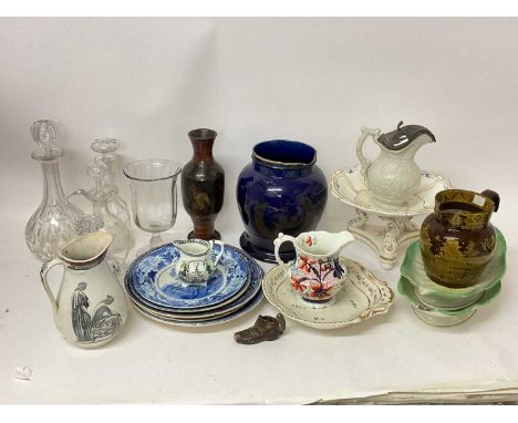 Group of 19th century ceramics and glass, including two Wedgwood pearlware leaf dishes, Crown Derby centrepiece, an unusual b