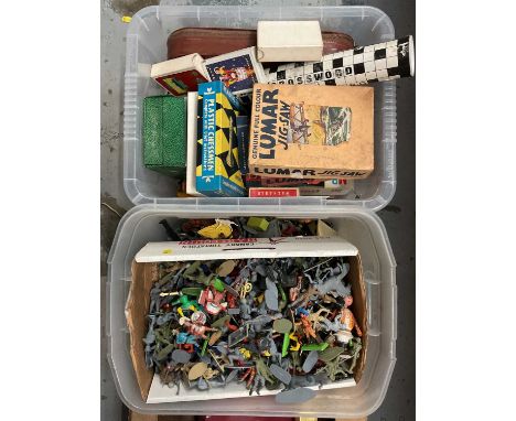 Three boxes of vintage toys and games, including Britains, Subbutteo, etc