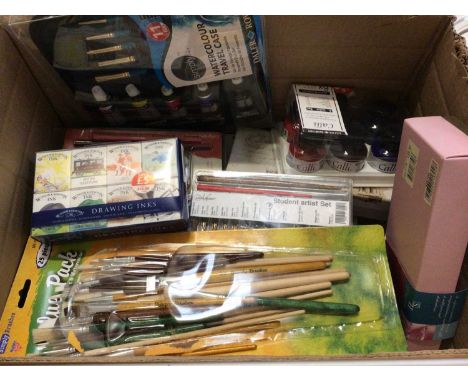 Group of art material including paint sets, brushes, sketch books, calligraphy etc