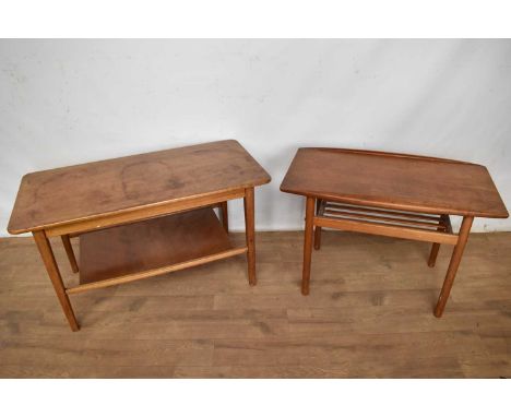 Vintage teak coffee table, with rounded rectangular top and shelf below on square tapered supports, stamped LM Wallingford, 8