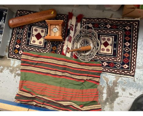 Sundry items, including an Eastern saddle rug, another Eastern textile, wirework bowl, drinking glasses, etc