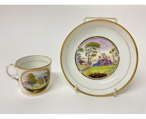 New Hall coffee can and saucer, with printed and painted decoration