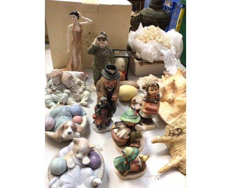 Group of figure ornaments including Lladro, Nao, Hummel, Royal Doulton, Coalport 'Grace' in box, various hard stone eggs and 