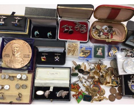 Various cufflinks and studs including some silver, a silver and enamel fob, French medallion, coins etc