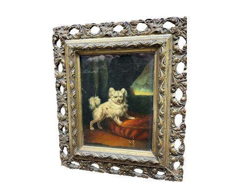 Victorian style oil on board, portrait of a dog, indistinctly signed, 17 x 12cm in pierced gilt frame