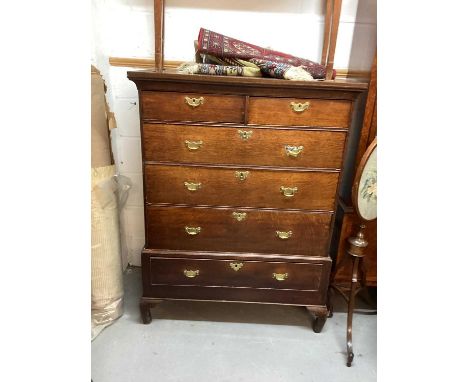 18th century oak chest on stand with two short and four long drawers, 101cm wide, 54cm deep, 132.5cm highReduced in height (p