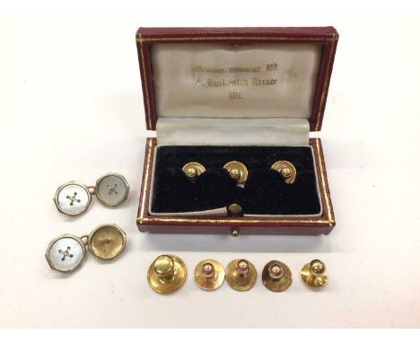 Pair of 18ct gold and mother of pearl cufflinks and group of 18ct gold studs Total weight 13.2 grams 