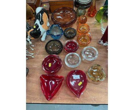 Group of Whitefriars coloured glass pin dishes and bowls.