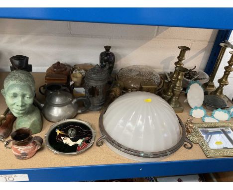 Miscellaneous items including glass shades, 19th century pewter mounted stein, cloisonné, metalwares and sundries