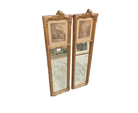 Pair of Edwardian pier mirrors with French mezzotint glazed panels, 107cm x 28cm