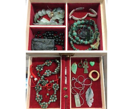 Group of jade/ green hard stone jewellery to include polished bead necklaces, pendants, bracelet with silver mounts, earrings