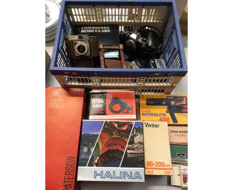 Group of vintage cameras including Olympus, Commander Coronet etc, binoculars and accessories (2 boxes) plus a Vivitar Refrac