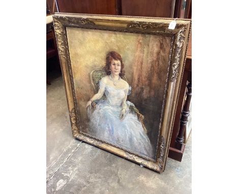 M T Randall (20th century) oil on canvas, full length portrait of a woman in evening dress, signed, 100 x 77cm, in good 19th 
