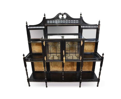Late 19th century ebonised display cabinet, in the aesthetic style, with mirrored galleried superstructure and enclosed by a 