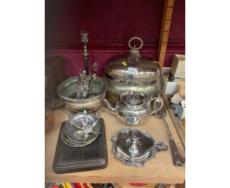 Group of silver plated ware to include two serving domes, flatware and teapot