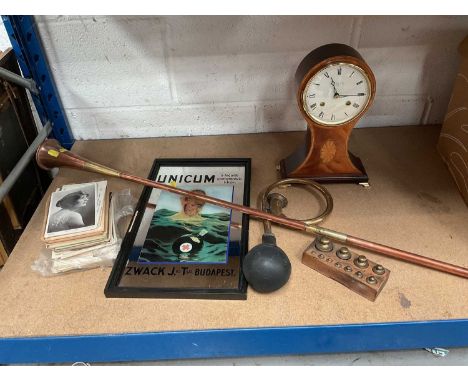 Antique car horn, hunting horn, Comitti inlaid balloon mantel clock, advertising mirror, postcards and postal weights