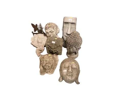 Selection of concrete garden faces, Easter Island statue, weather vane and sundry items (qty)