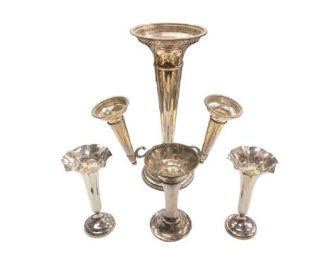 Early 20th century silver eperne with four trumpet shaped bowls, pair of trumpet form silver spill vases and one other silver