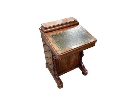 Victorian walnut Davenport desk, with fitted stationary compartment to the hinged superstructure and fitted interior, four si