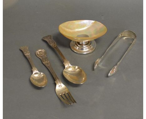 A Pair Of William IV Silver Sugar Tongs, together with a Victorian fork and two spoons and a Birmingham silver and mother of 